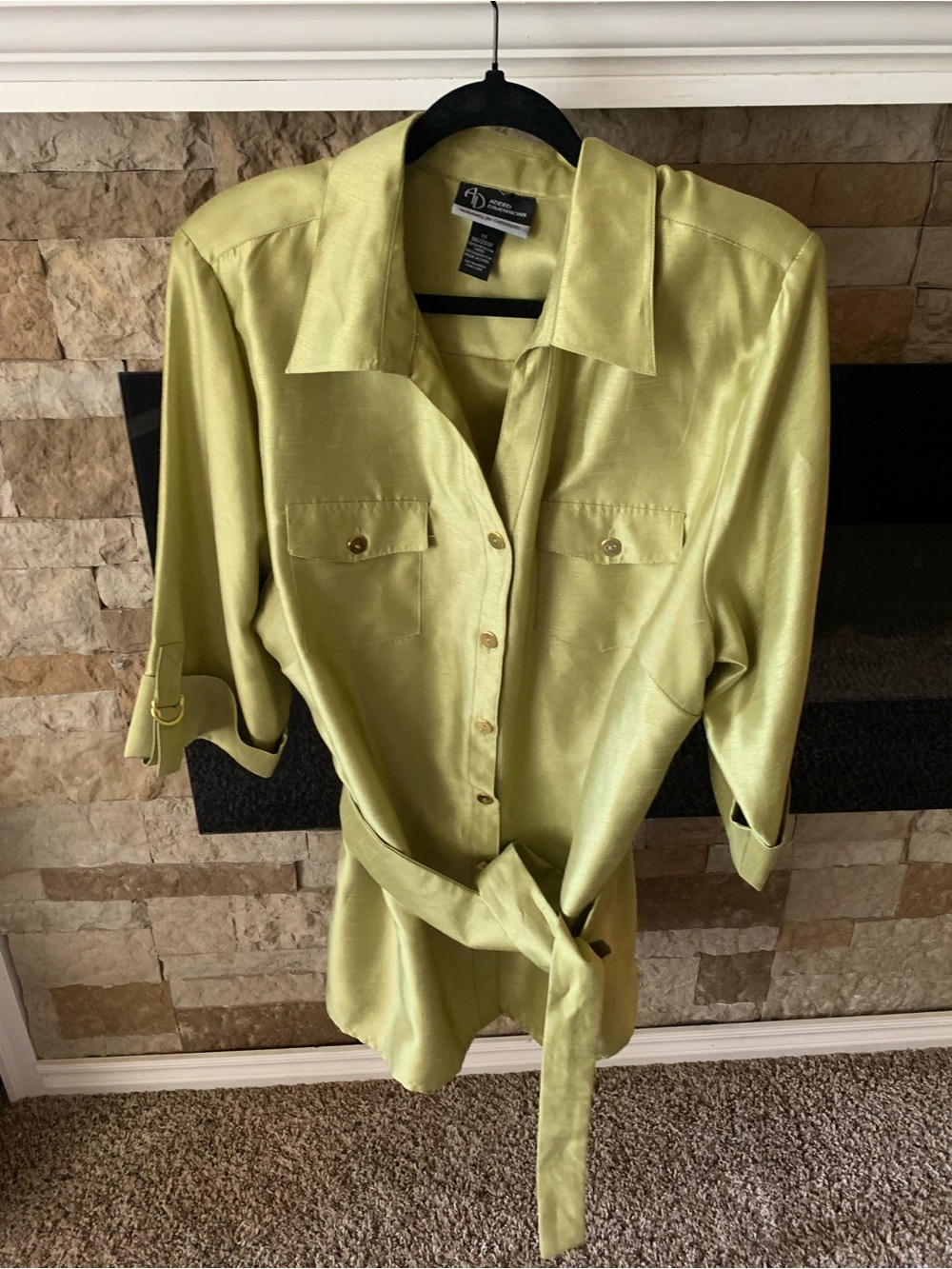 90s VTG Retro Silky Chartreuse Button-Front Belted Blouse